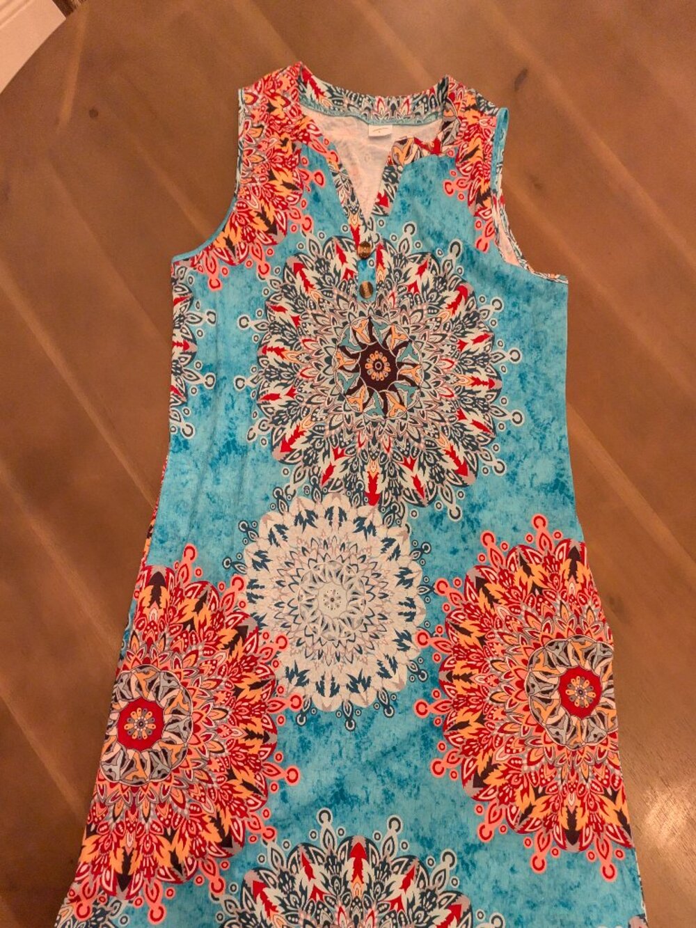 Turquoise Multicolor Floral Dress | V-Neck | Knee Length | Pockets |  Size L